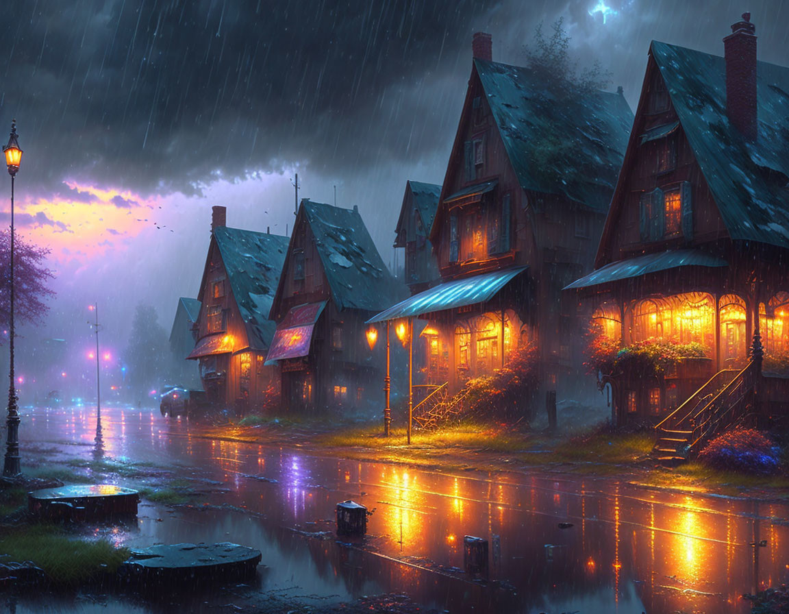 Tudor-style houses on cobblestone street under rainy twilight sky