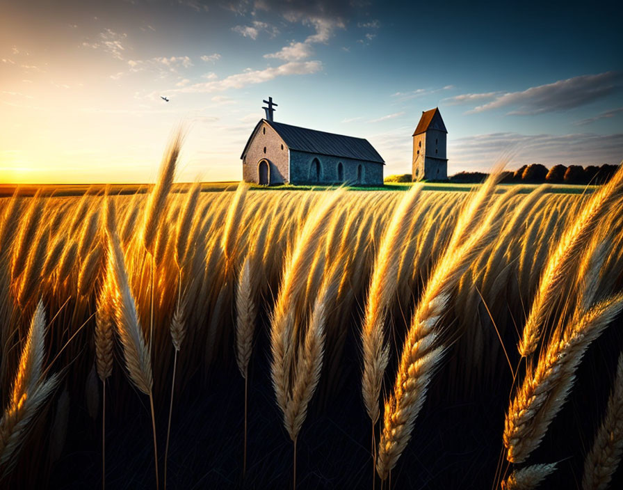 Scenic sunset view of wheat field with church and tower.