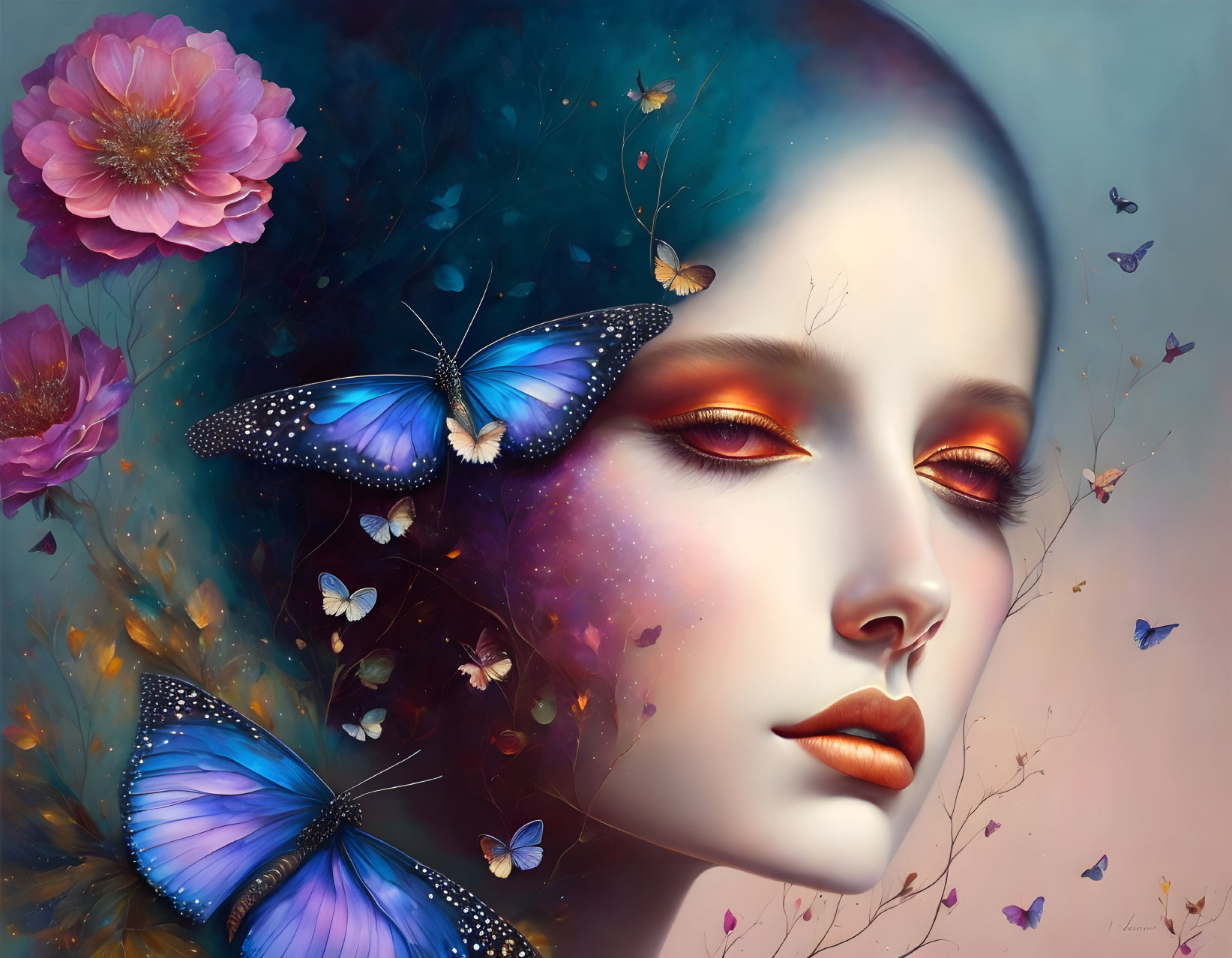 Digital artwork: Woman's face with cosmic texture, butterflies, and flowers