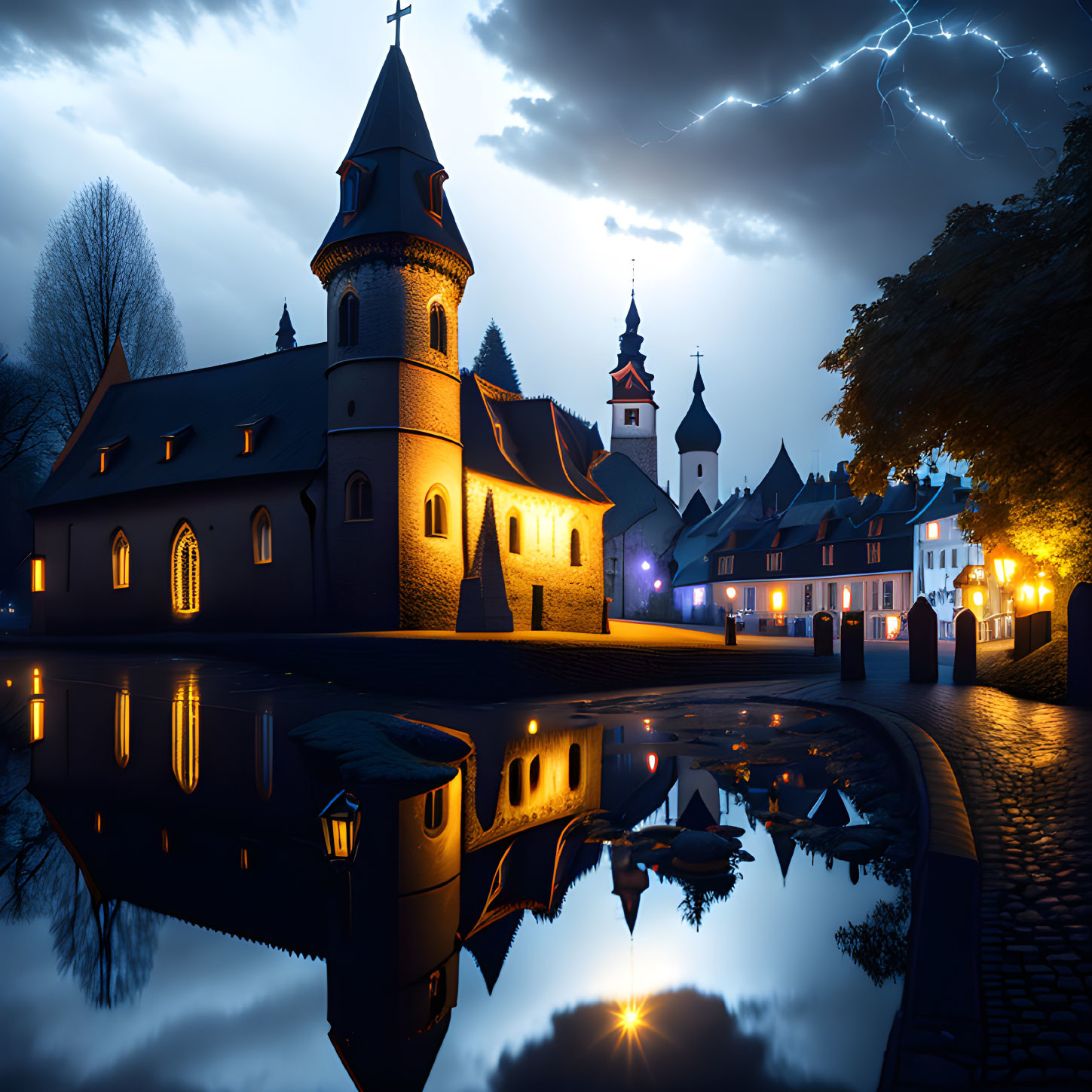 Historic church and traditional buildings by still river under dramatic sky with lightning bolt