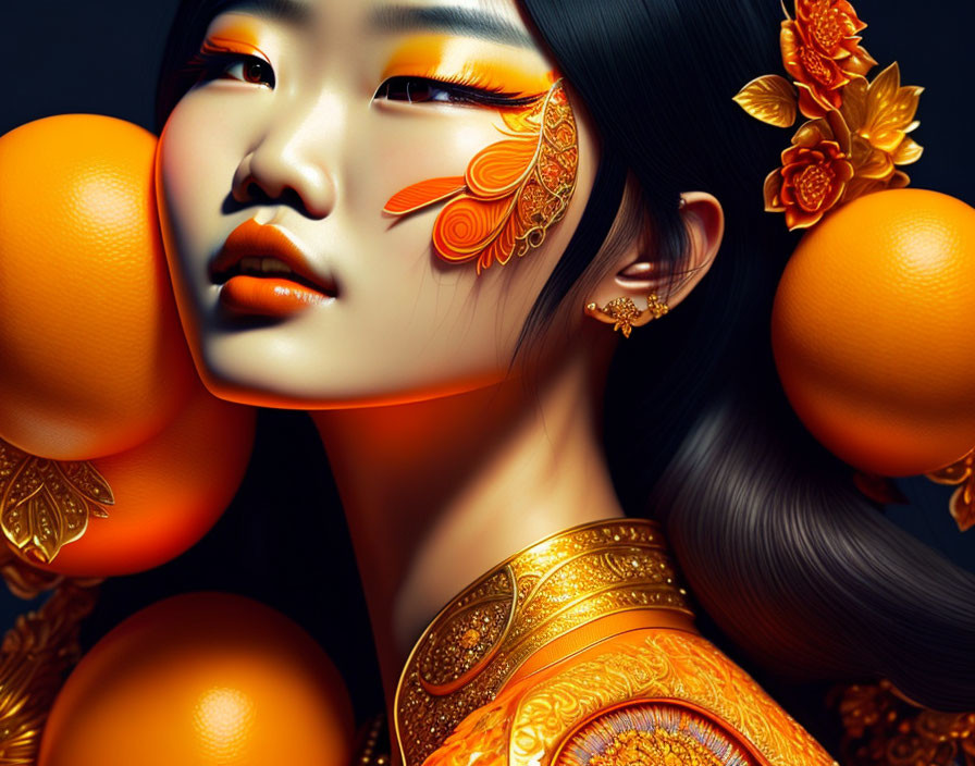 Detailed digital artwork of woman with orange-themed makeup and accessories, surrounded by glowing oranges and ornate gold