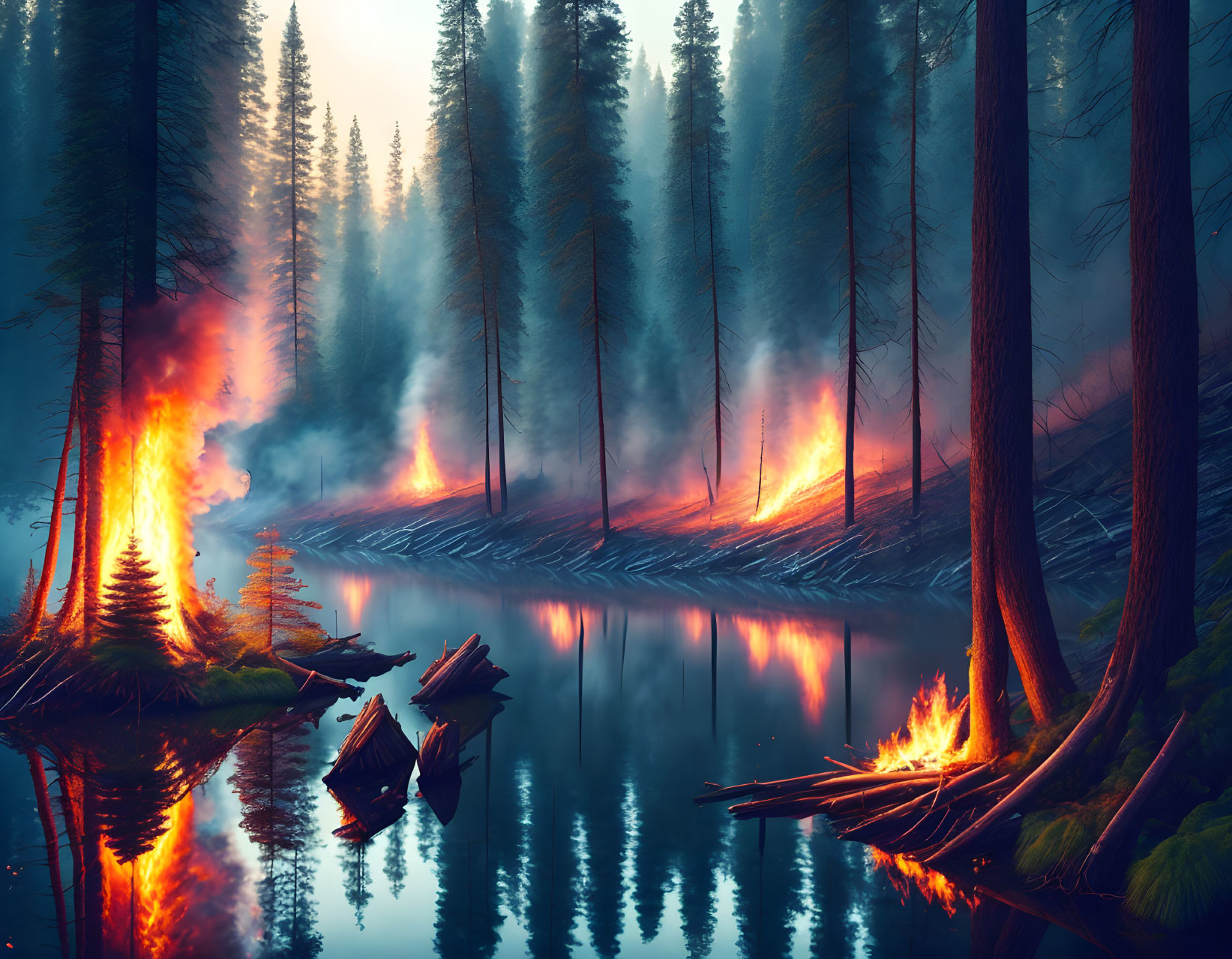 Forest trees and fires reflected in calm lake under dusky sky