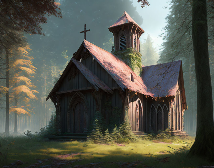 Wooden church with cross in serene forest with sunlight and misty ground