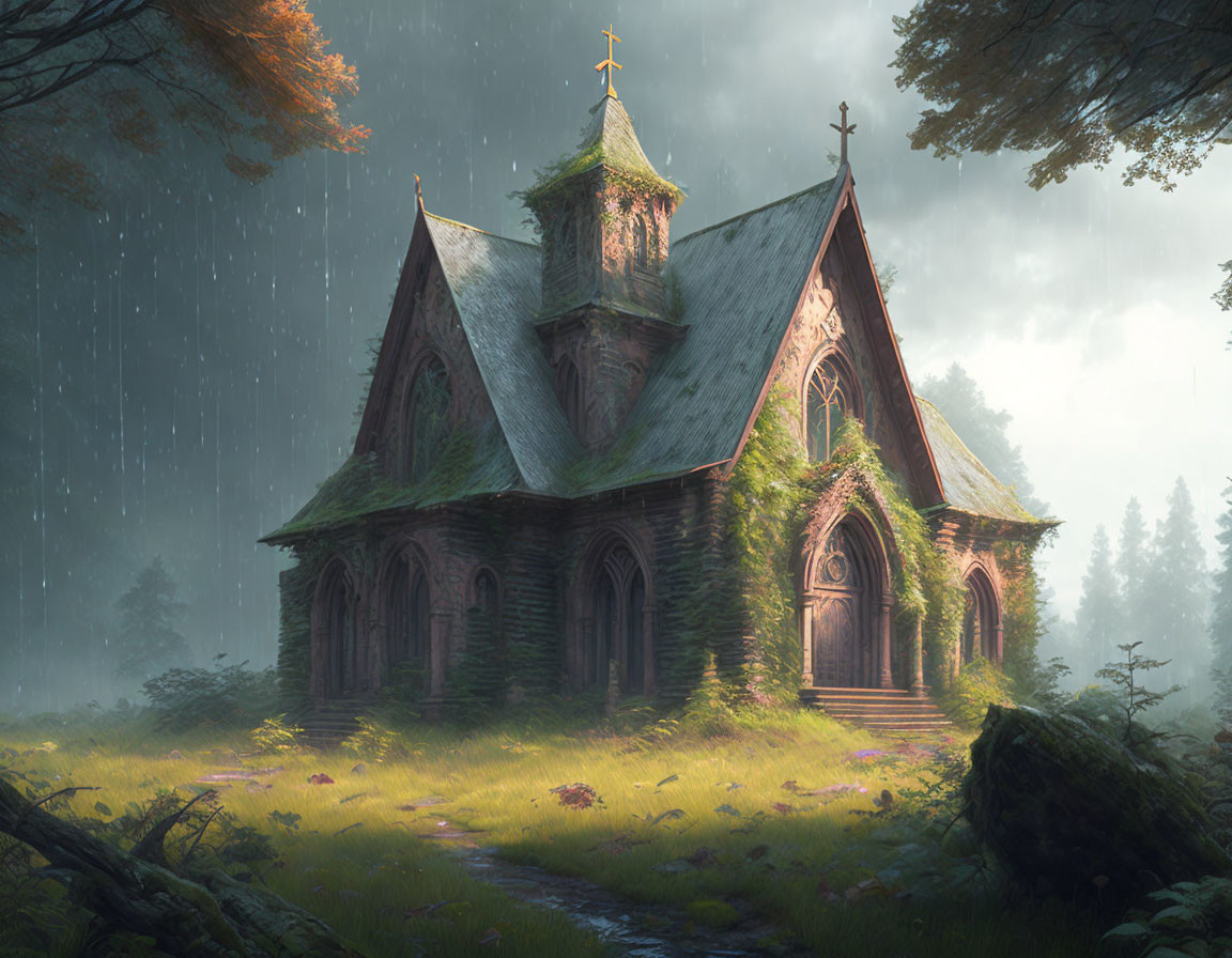 Gothic church in forest clearing under gentle rain