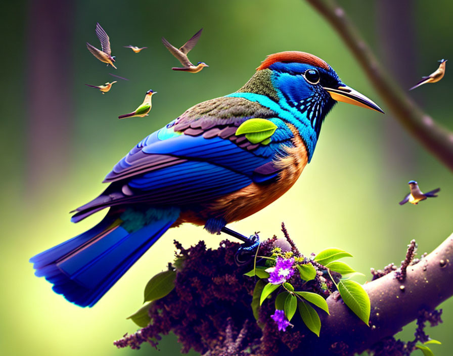 Colorful Bird Perched on Branch with Green Leaves and Purple Flowers