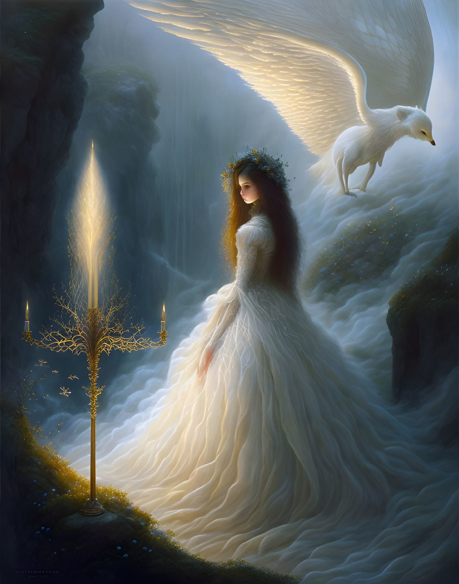 Woman in white dress with floral wreath near glowing tree, white pegasus in mystical cavern