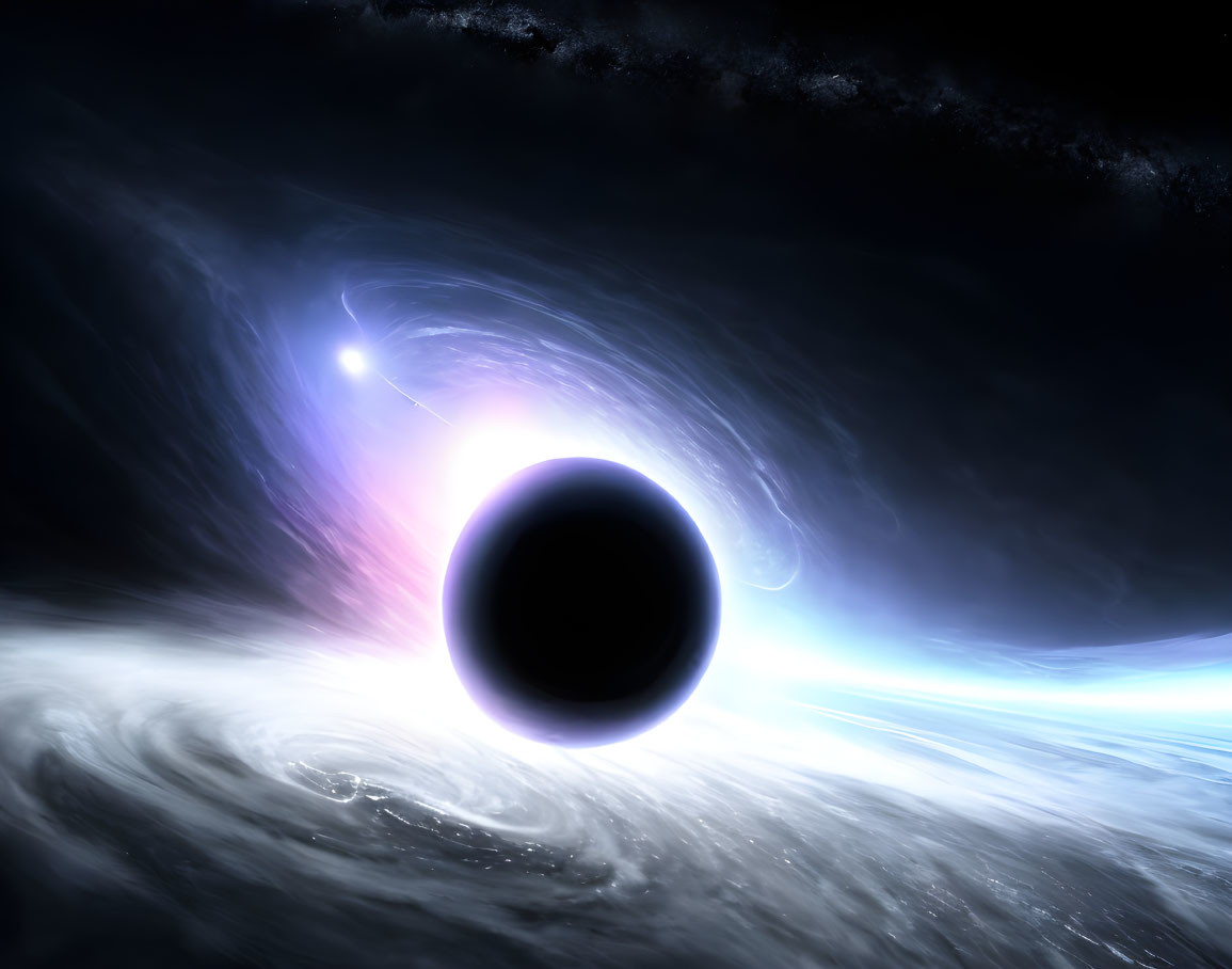 Cosmic scene with black hole, accretion disk, and bright jet