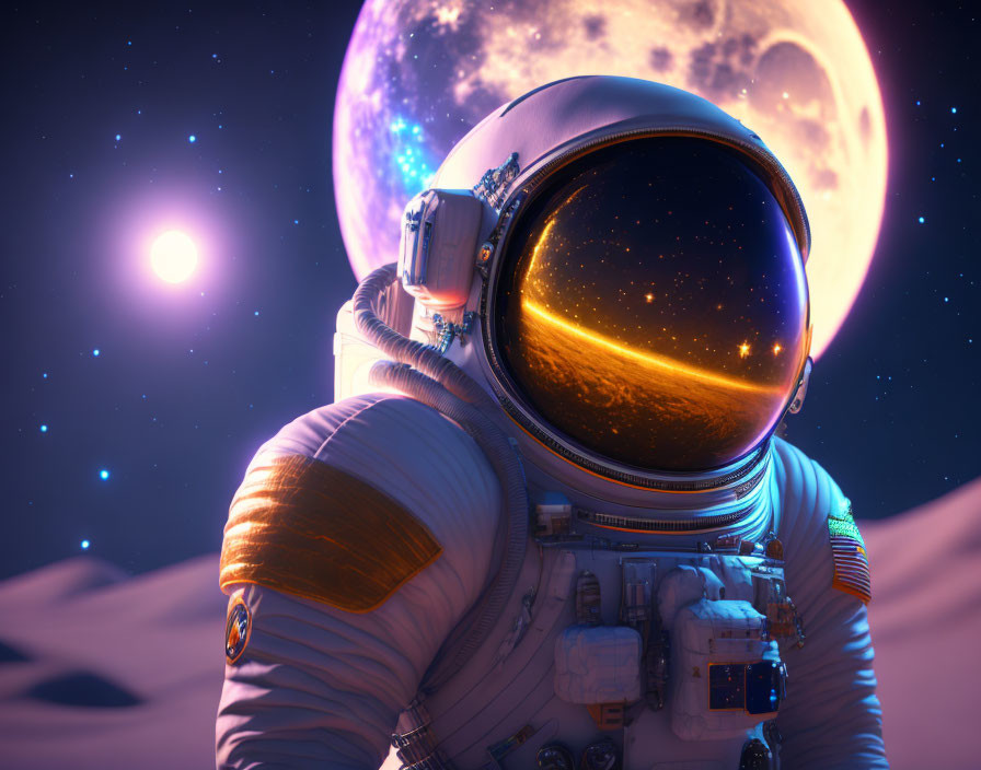 Detailed Spacesuit Astronaut Contemplates Surreal Lunar Scene