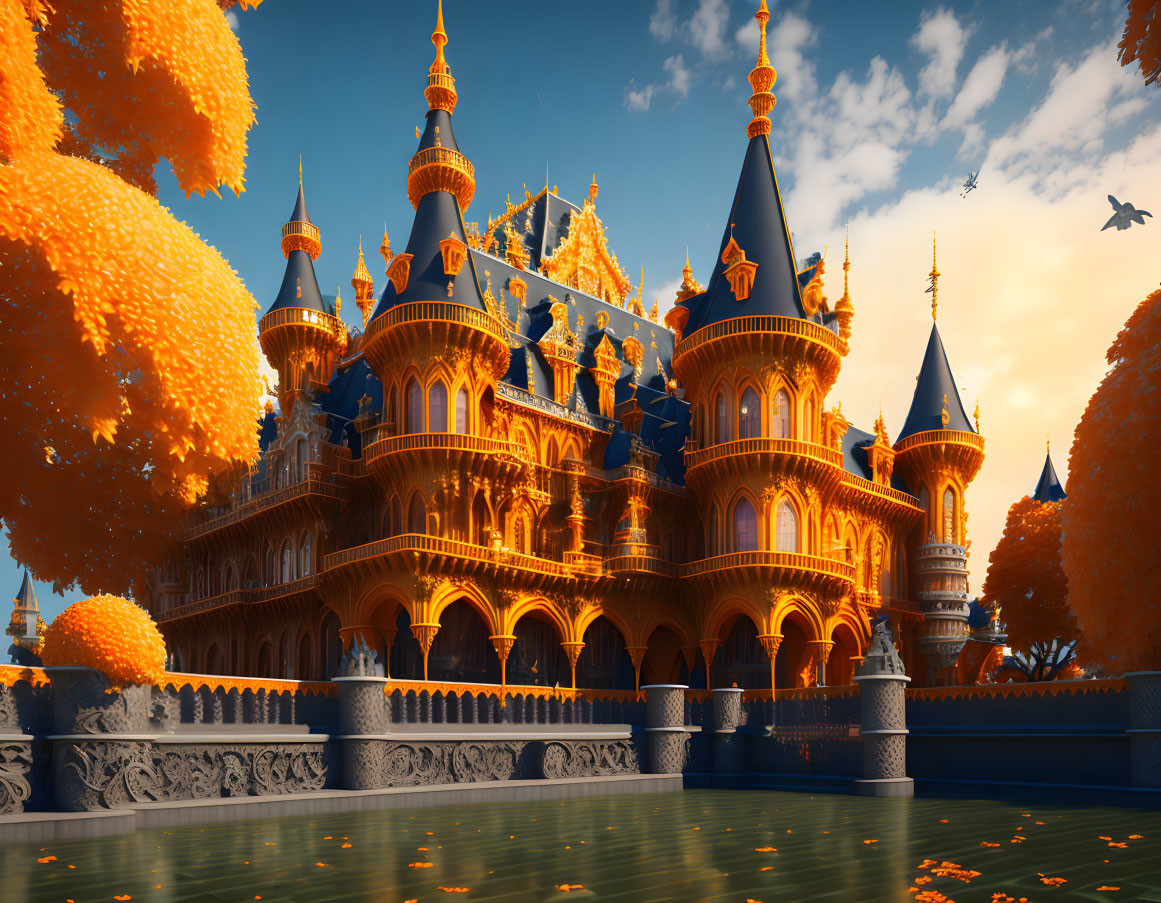 Golden-spired fairy-tale castle in autumnal setting with flying bird