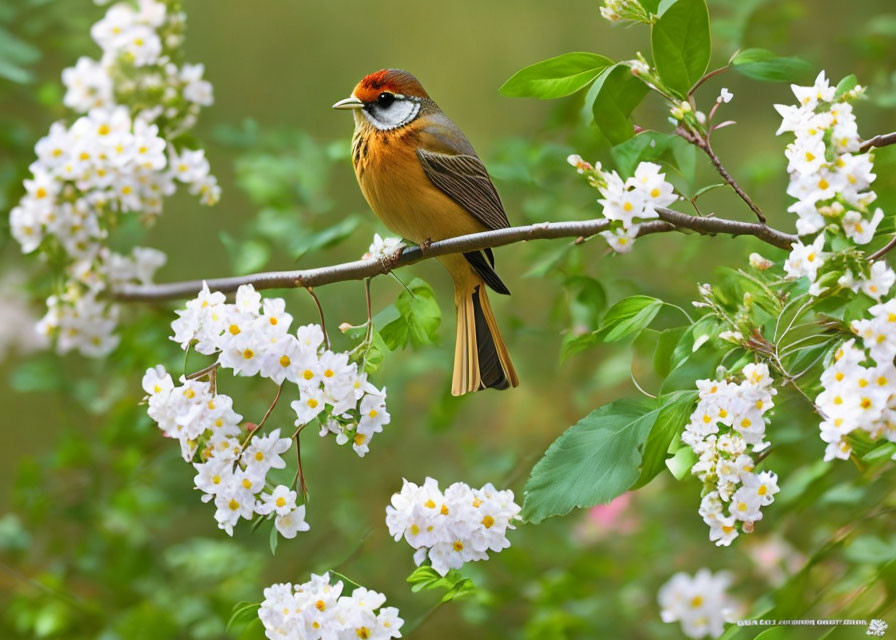 Colorful bird with red crown perched on branch among white blossoms on soft green background