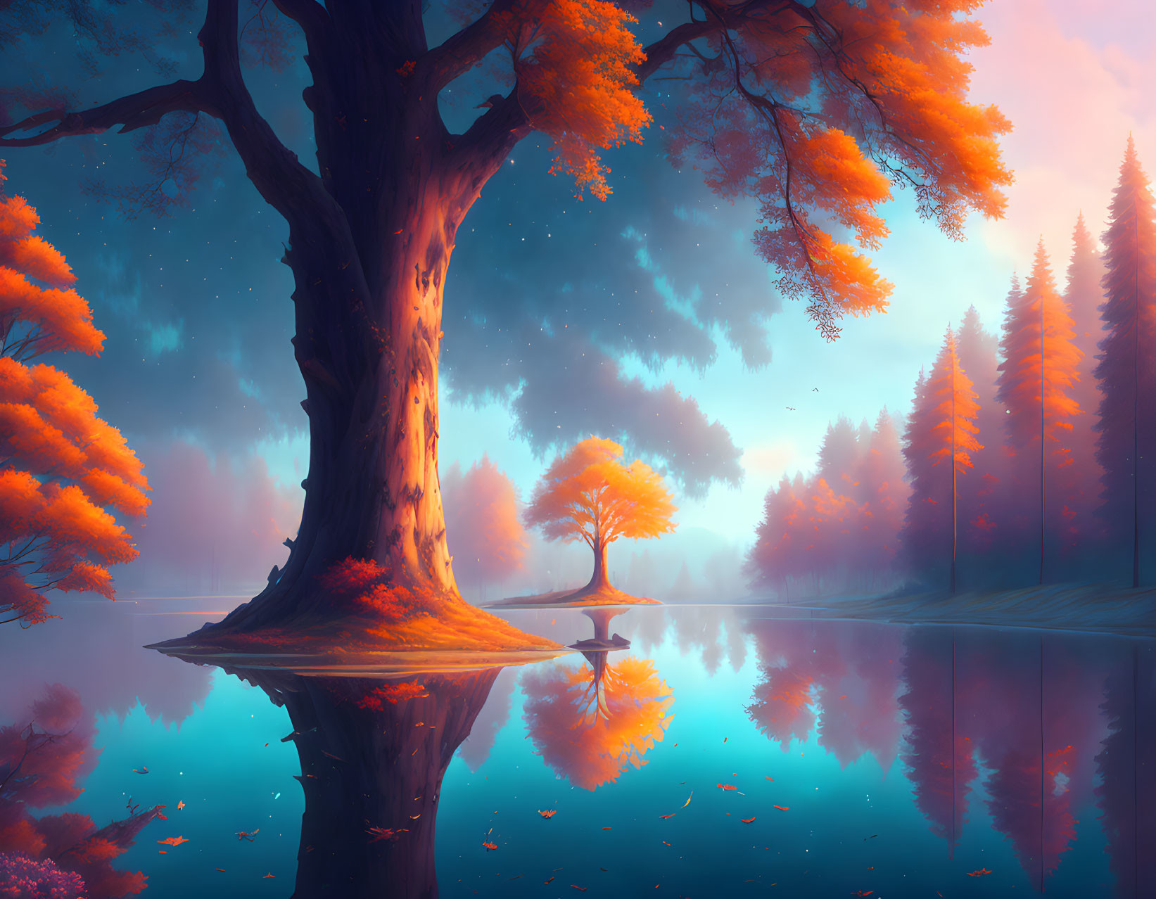 Serene lake with fiery orange trees under twilight sky