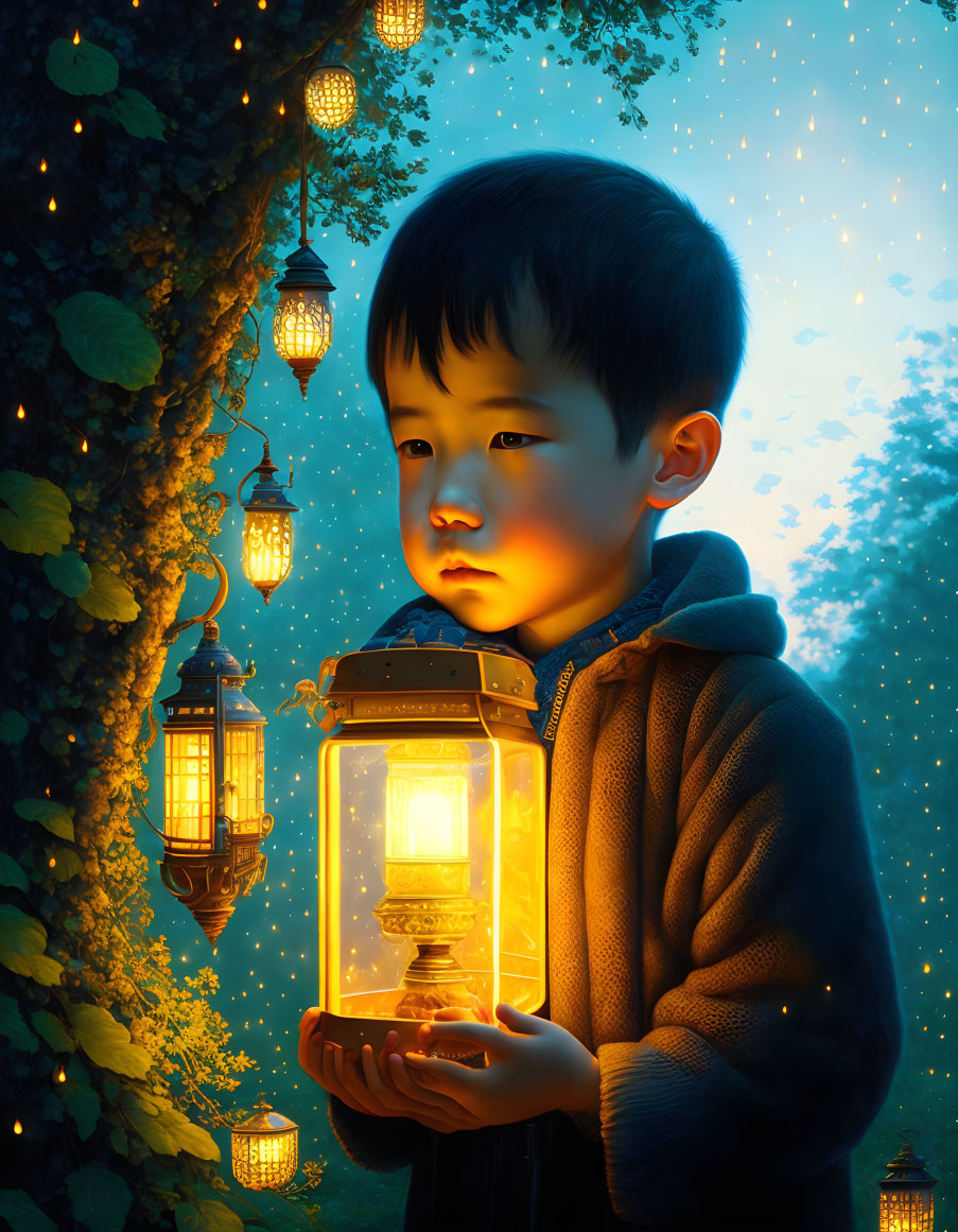 Child with glowing lantern in magical forest with hanging lanterns and fireflies