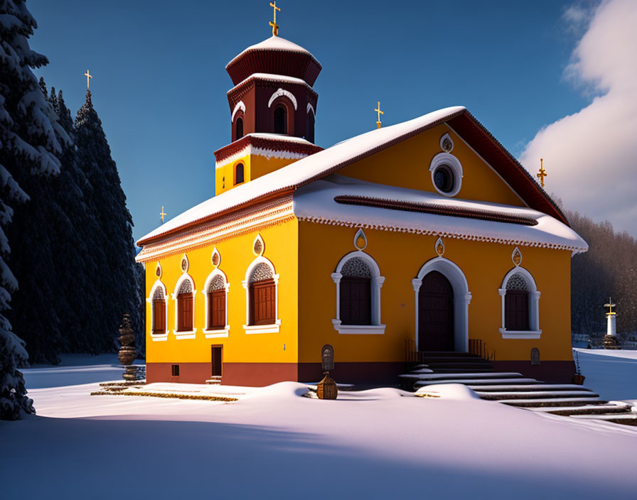 Yellow Church with Red Accents in Snowy Landscape