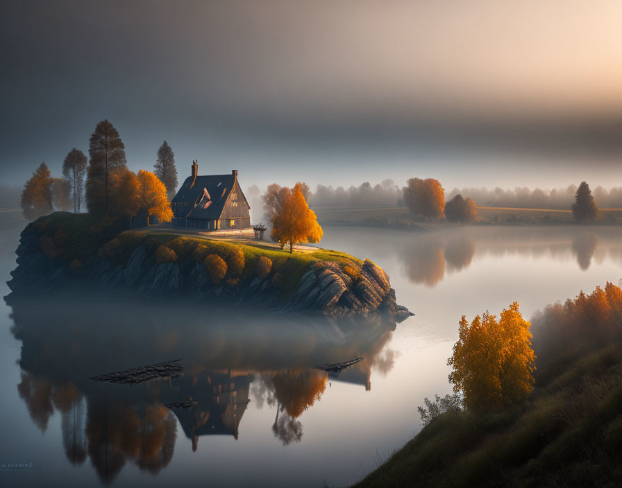 Tranquil autumn landscape with misty lake and solitary house