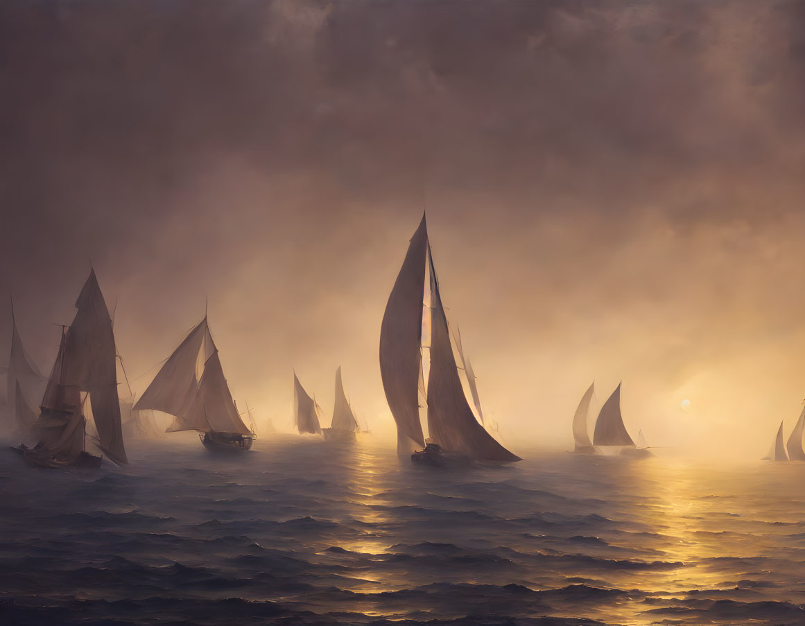 Boats with billowing sails on misty golden sea under dramatic sky