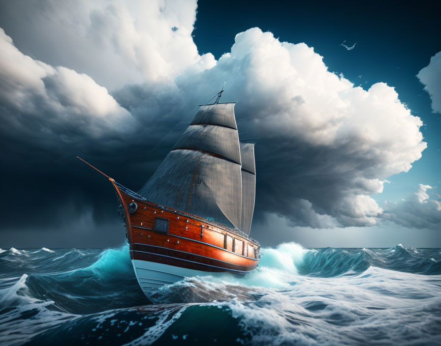 Sailing ship with billowing sails on turbulent blue waves