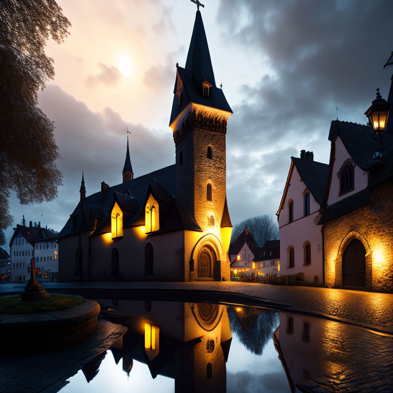 Twilight scene: illuminated church and buildings with warm glow and reflection.