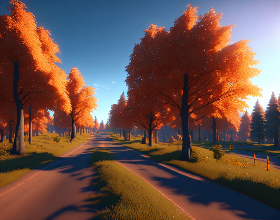 Vibrant autumn landscape with winding road and blue sky