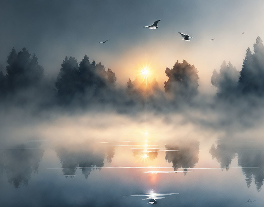 Tranquil sunrise over misty water with silhouetted trees and flying birds