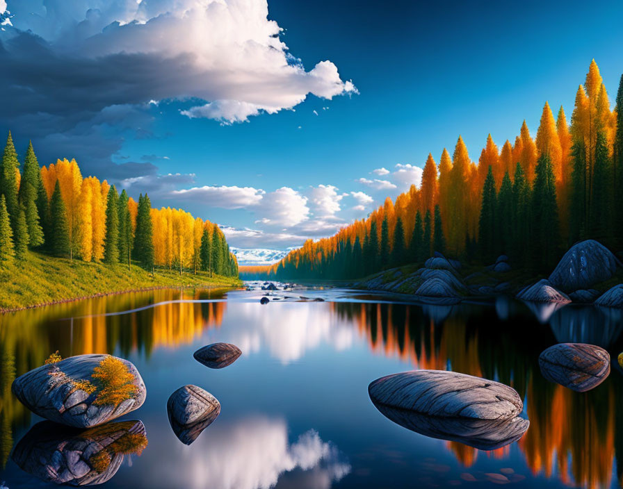 Tranquil autumn lake with reflective trees under blue sky