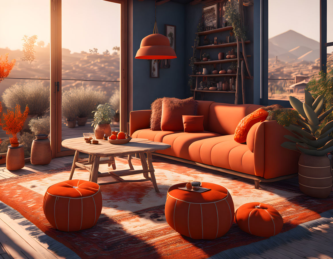 Warm Orange Sofa and Scenic Mountain View in Cozy Living Room