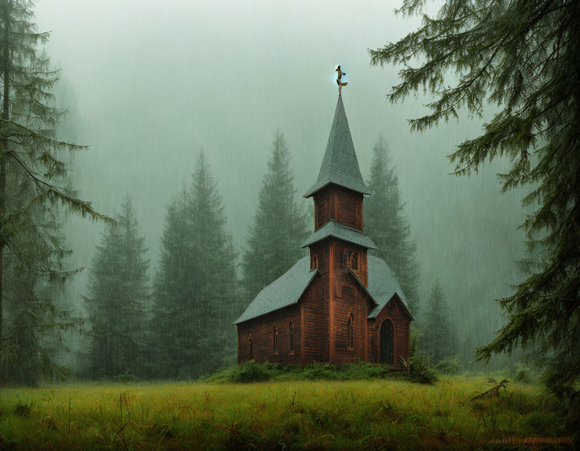 Foggy forest scene: rustic wooden church in pine tree clearing