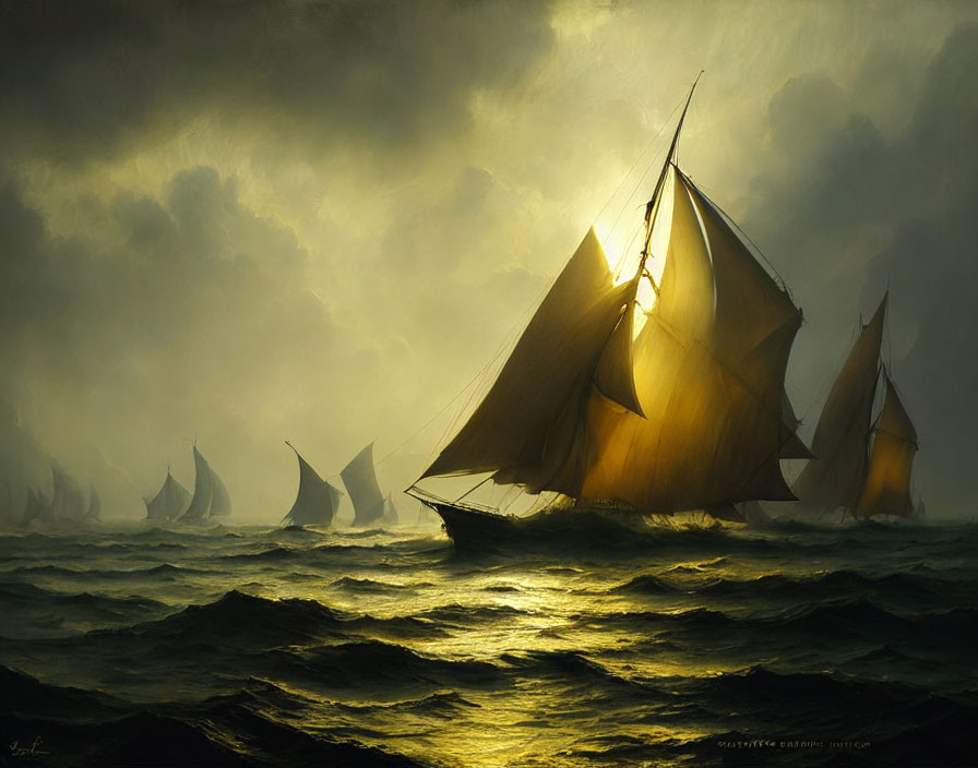 Golden-lit sailing ships navigate misty waters: a maritime adventure.