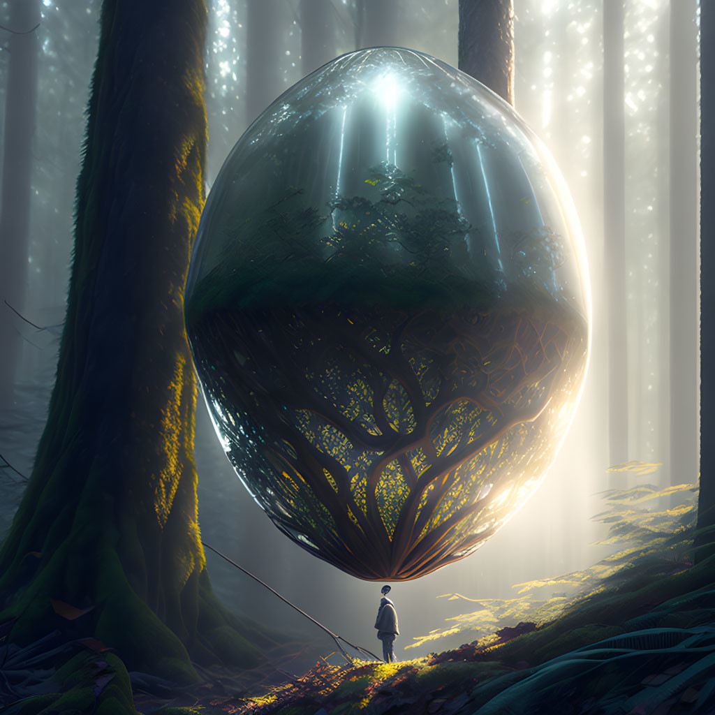 Enigmatic forest scene with person and luminous orb.