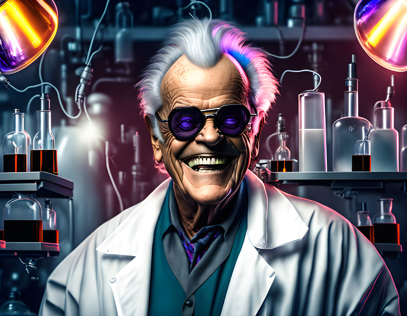 Elderly scientist with purple goggles in colorful lab