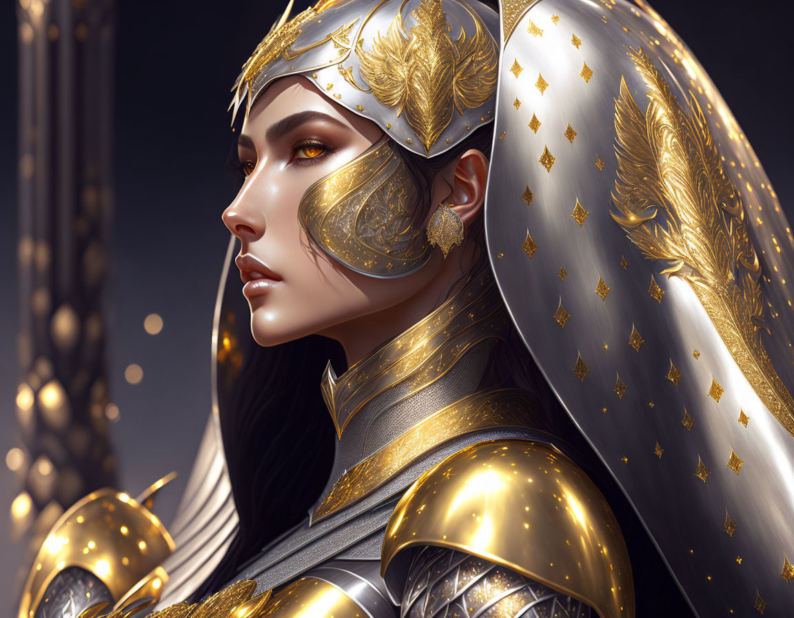 Detailed Illustration: Woman in Ornate Golden Armor with Helmet and Cape