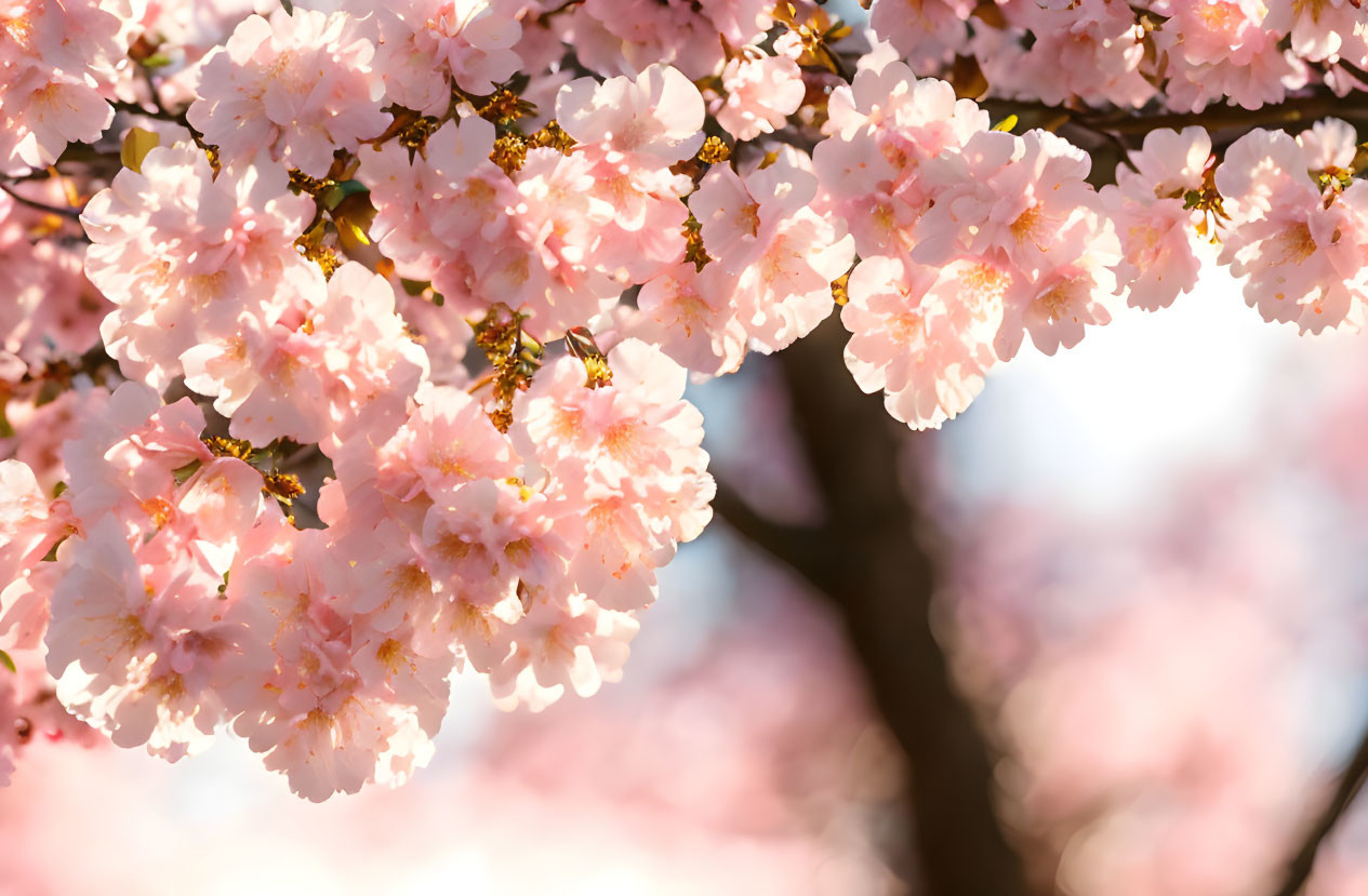 Delicate pink cherry blossoms in full bloom with soft-focus background