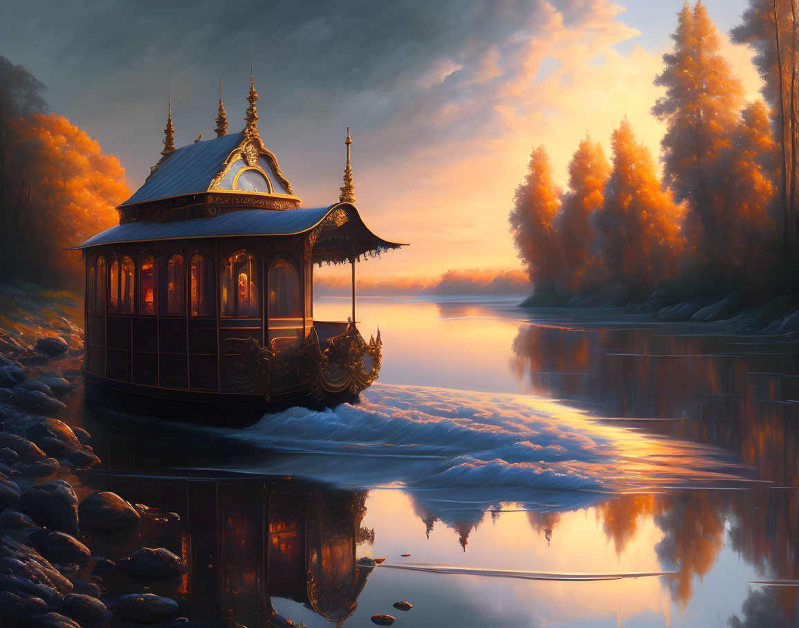 Golden-accented ornate boat on tranquil river at sunset among autumn trees.