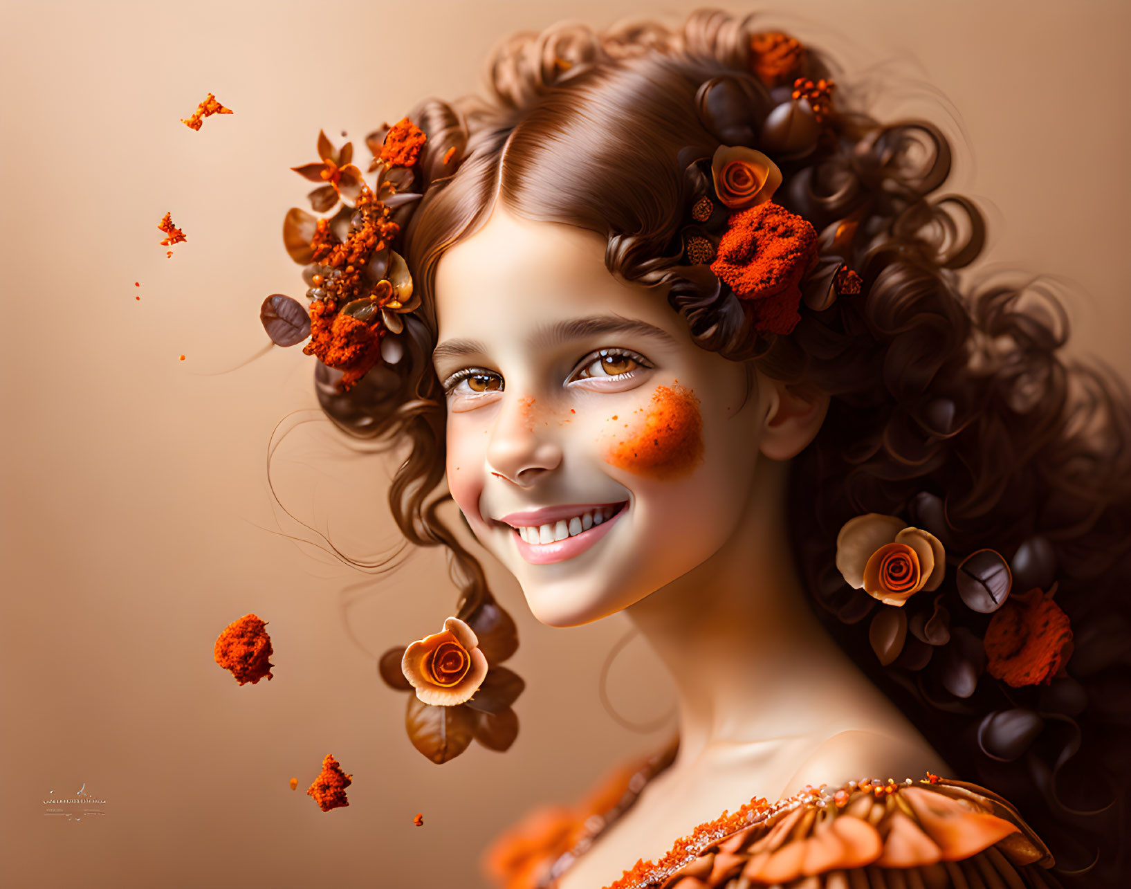 Smiling girl with brown hair and orange flowers in digital art