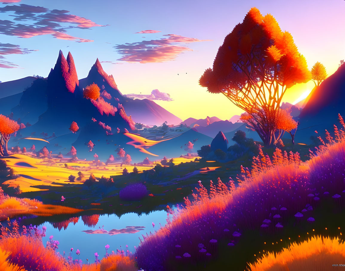 Colorful fantasy landscape: purple fields, orange trees, reflective lake, distant mountains, warm sunset sky