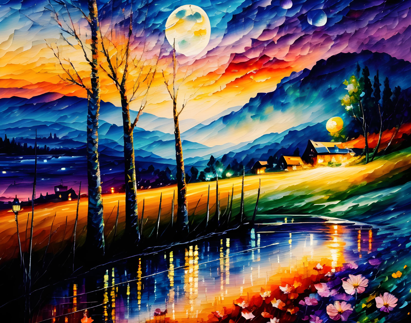 Moonlit landscape painting with mountains, river, lanterns, and cottage amid colorful foliage