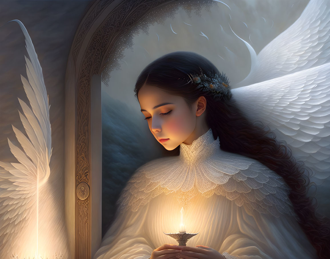 White-winged angel holding a candle in ornate setting