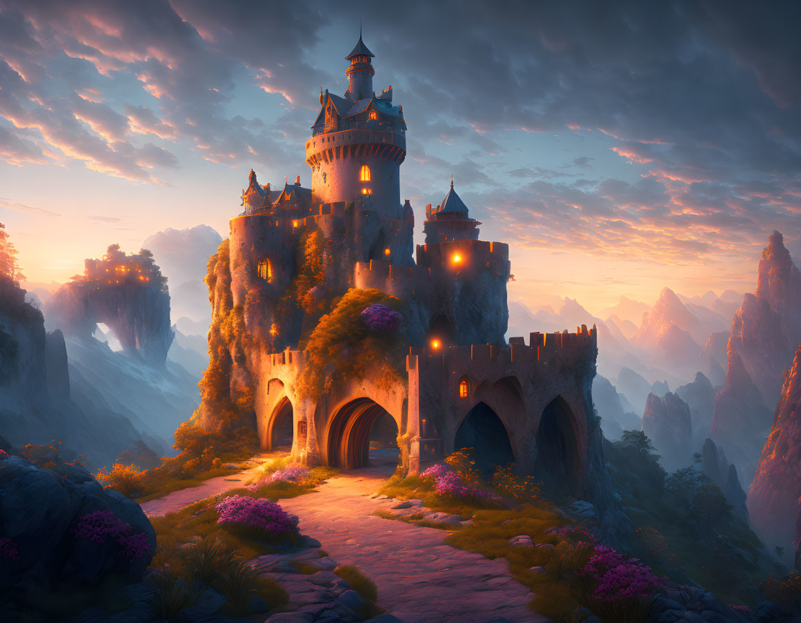 Castle on Cliff at Sunset with Glowing Lights