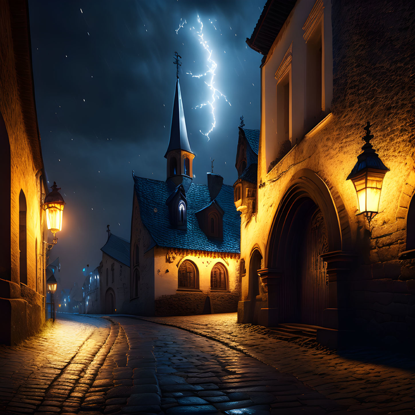 Medieval town cobblestone alley at night with lanterns and lightning bolt