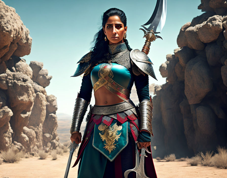 Female warrior in armor with scimitar in desert landscape