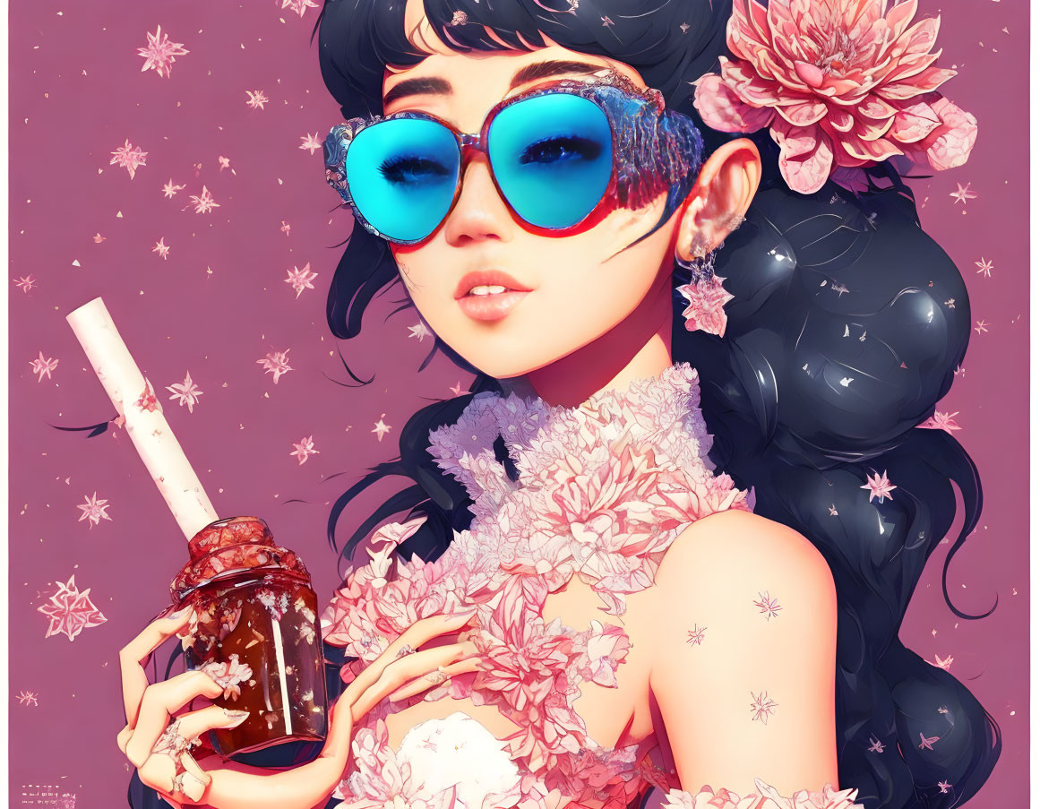 Colorful illustration of woman with blue sunglasses and drink, surrounded by pink flowers on pink star background