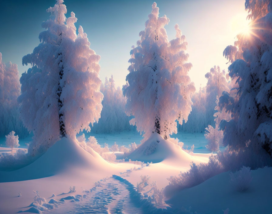 Snow-covered trees in serene winter landscape with sunlight peeking through branches and path through untouched snow.