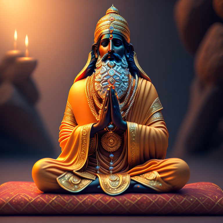 Meditating figure in orange and blue attire against warm backdrop