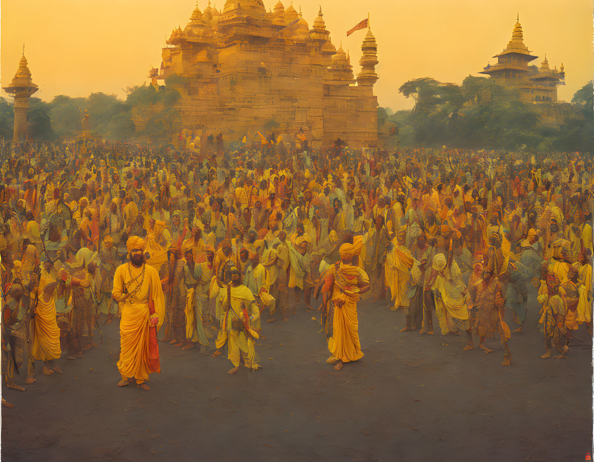 Crowd in orange and yellow attire at golden temples