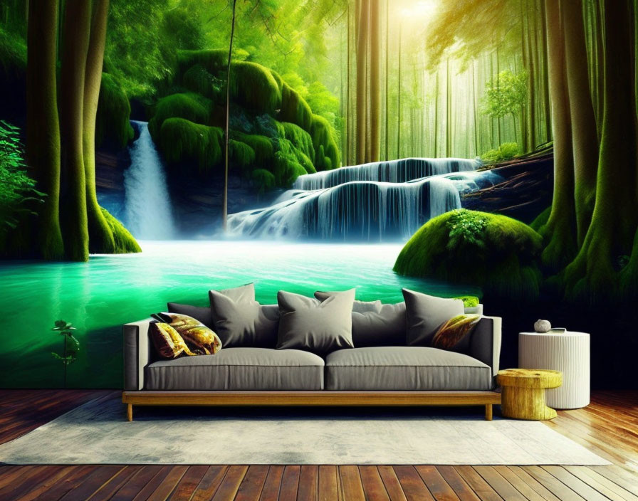 Modern gray sofa with colorful cushions in room with vibrant forest mural