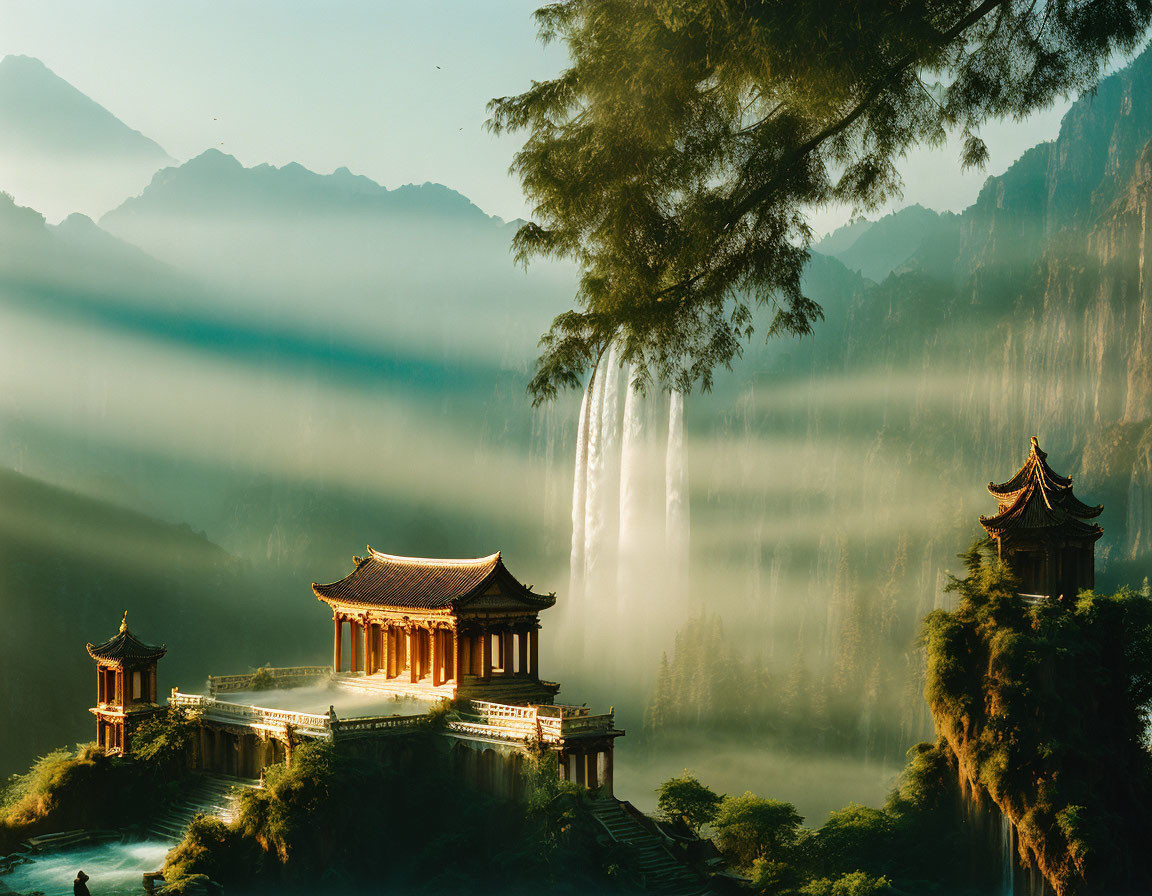 Traditional Asian architecture by misty waterfall in serene landscape