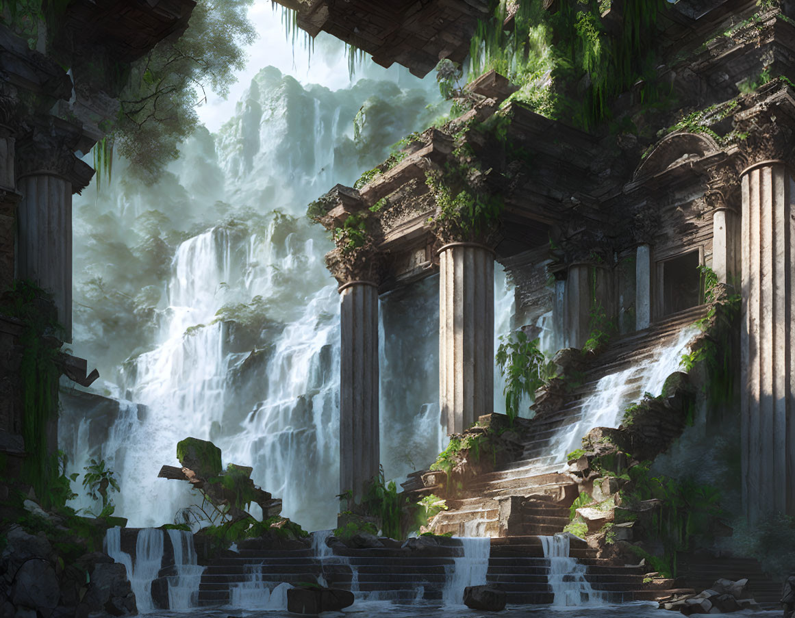 Tranquil landscape with ancient ruins and waterfalls