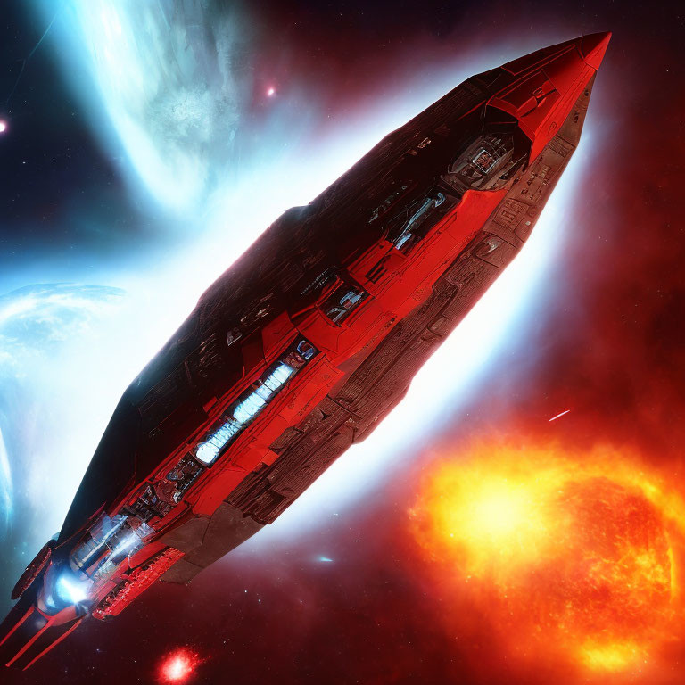 Red Futuristic Spaceship with Blue Thrusters in Space Scene