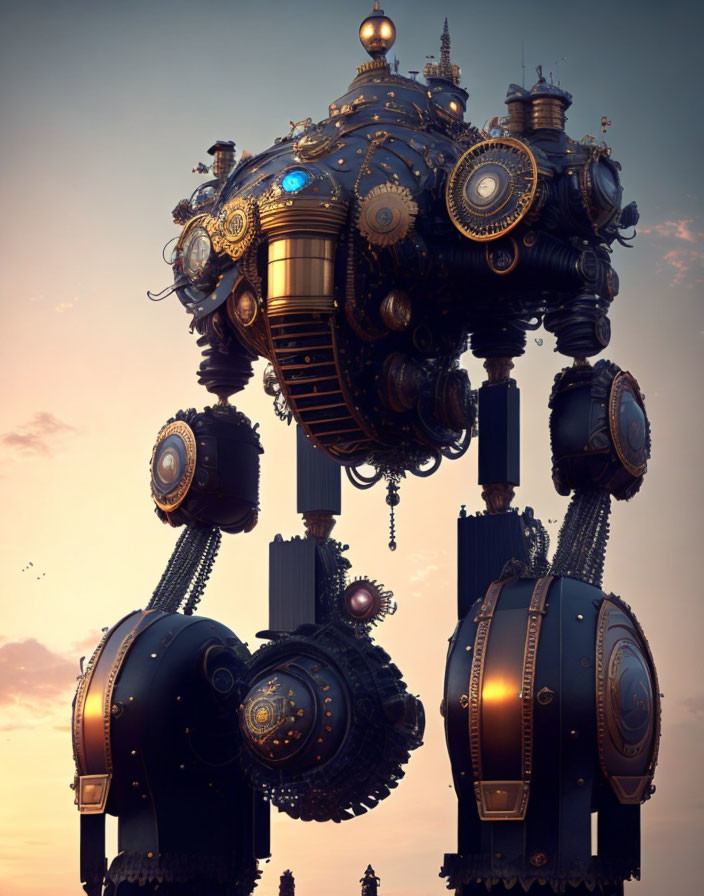 Intricate Steampunk Robot Floating in Twilight Sky