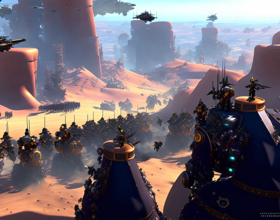 Futuristic desert landscape with flying ships and robot armies