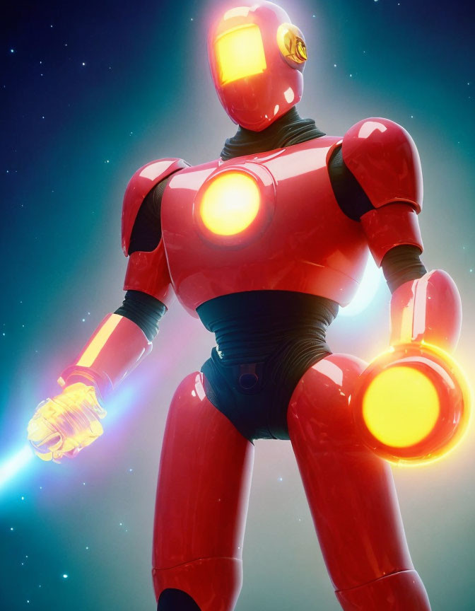 Red and Gold Robot with Illuminated Circles on Cosmic Background